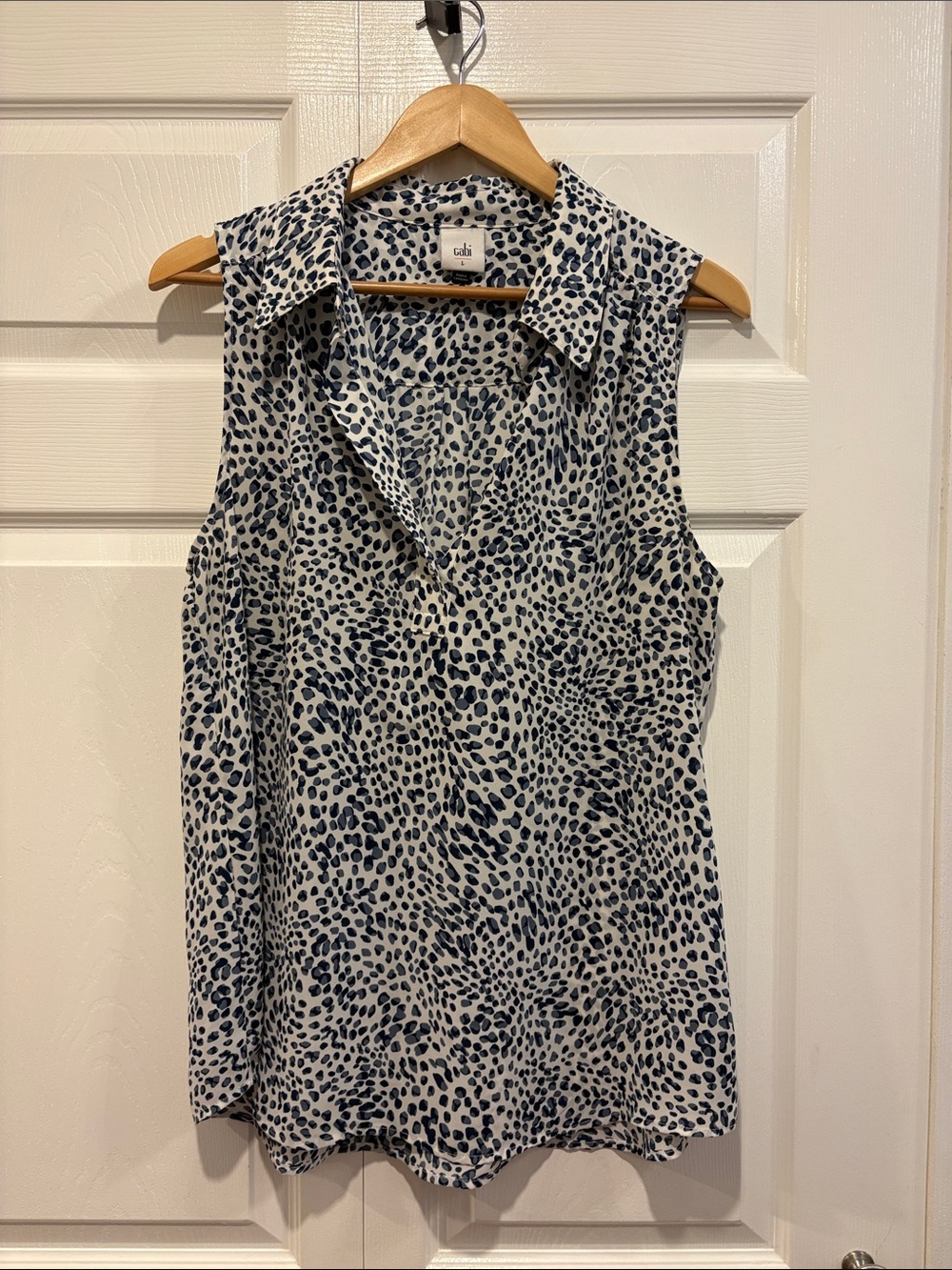 CAbi Sleeveless Collared Camisole in White and Navy Animal Print